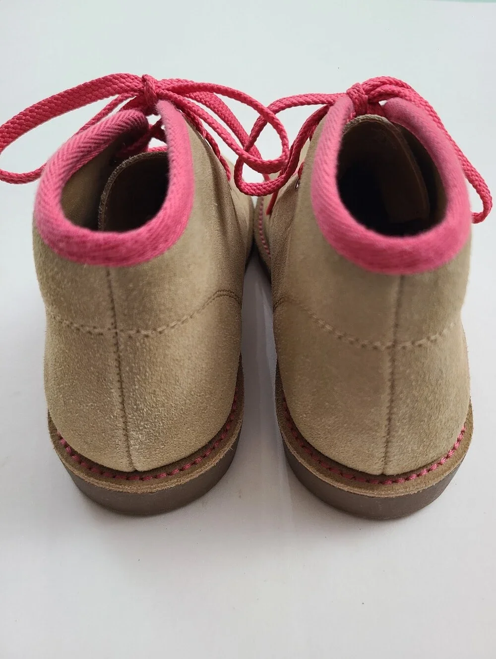 Lands End Girl's Beige Suede Leather Ankle Boots Size 12 Pink Trim and Laces